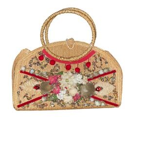 1950s Veldore of Houston Straw Beaded‎ Embellished Floral Top Handle Bag Italy